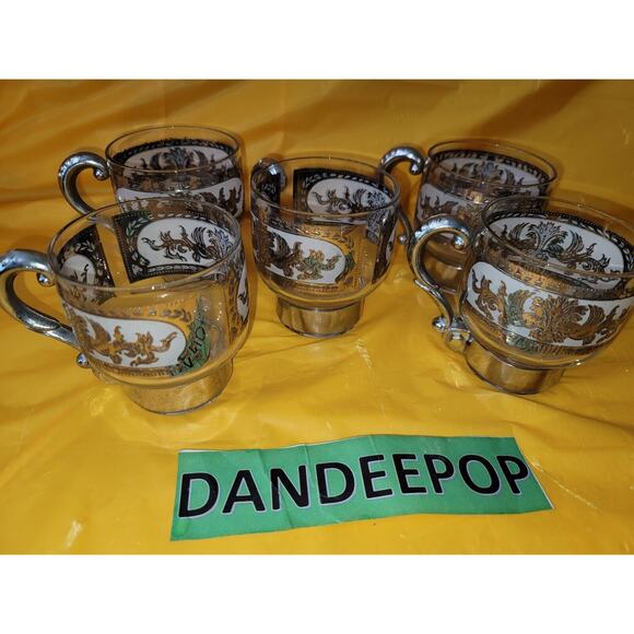 Vintage Culver 5 Piece Silver Clad Glass Coffee Cups With Removeable Handles - Picture 1 of 12